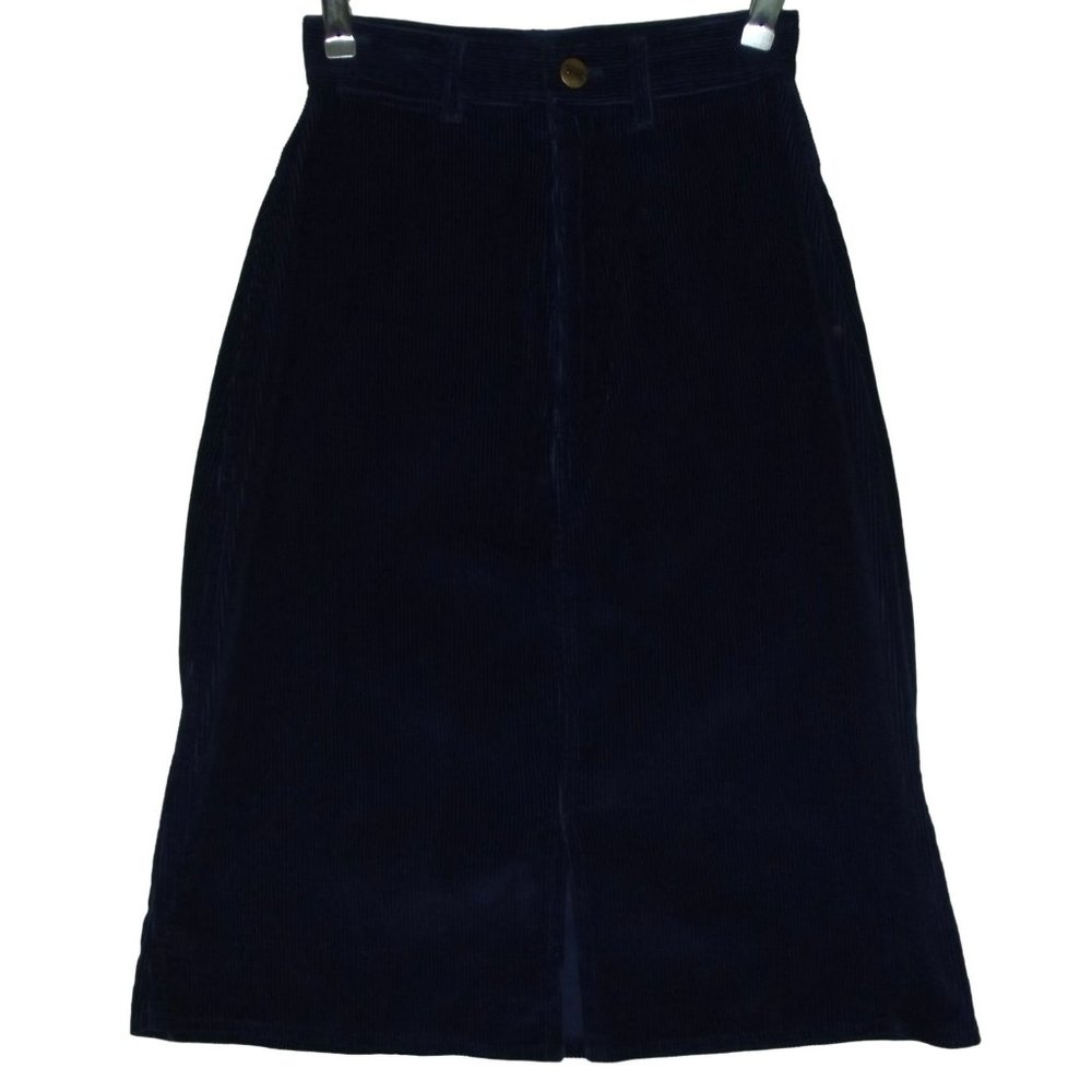 Eileen Blue Corduroy Skirt vintage 3/4 pretty navy cord knee length straight xxs